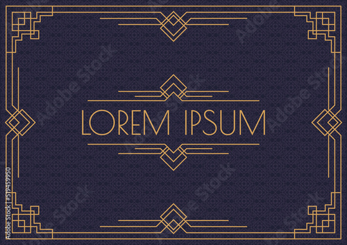 vector invitation card template horizontal art deco and arabic style with frame gold color line style on cyan background for greeting card, menu restaurant, cafe, shop. 10 eps