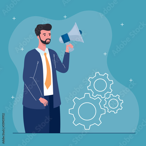 businessman with megaphone and gears