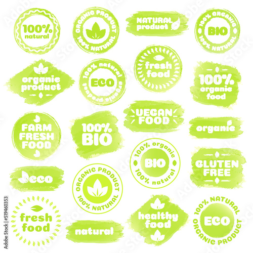 Natural product, healthy food, fresh food, organic product, vegan food, farm fresh food, gluten free, bio and eco label template watercolor shapes isolated on white background. Vector Illustration