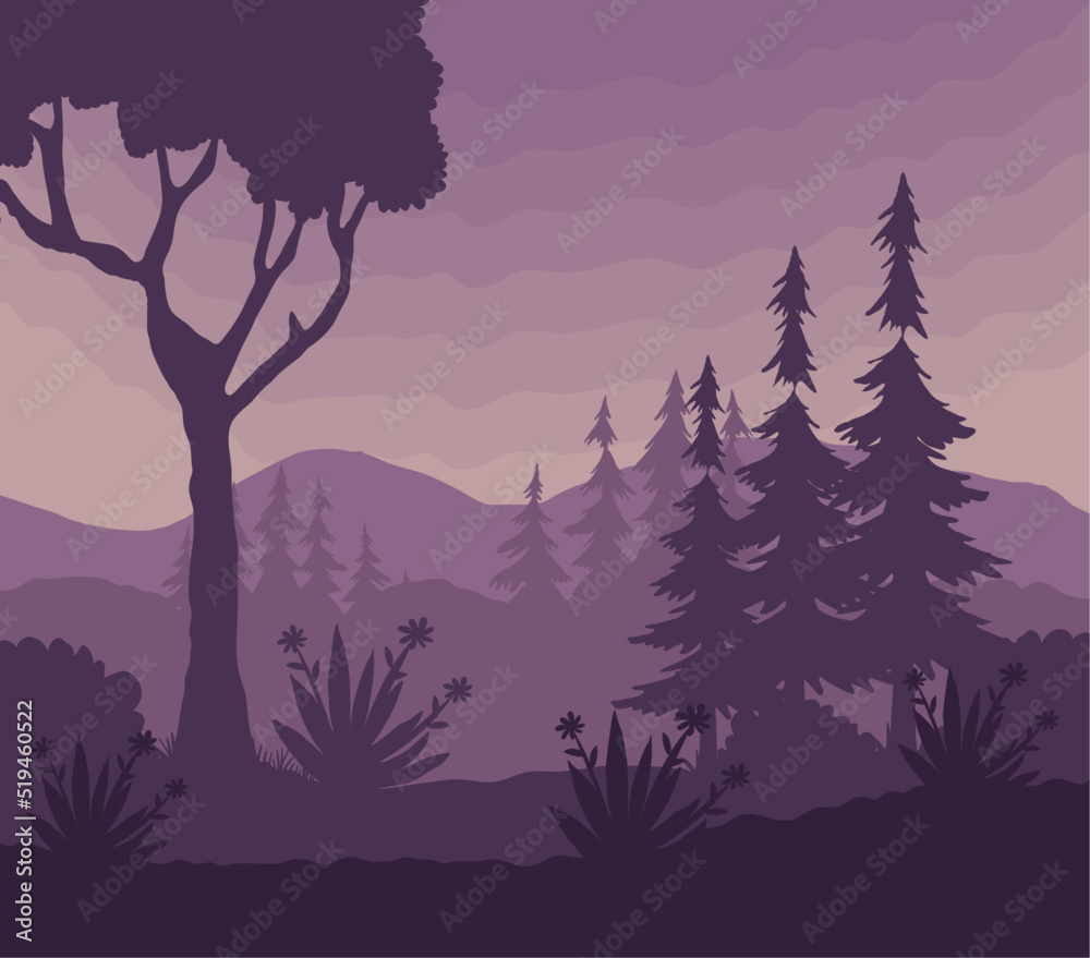 purple landscape with trees