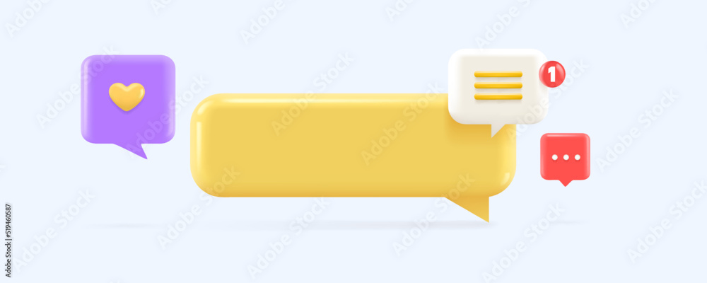 3D Chat bubble talk icons with notification. Like button and message notification. Vector illustration.