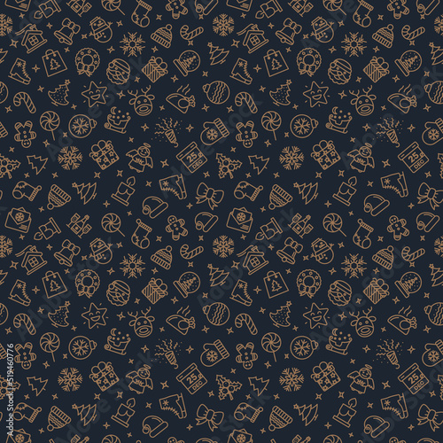Vector Christmas pattern gold style with line icons- santa, deer, christmas ball, gift, snowflake for poster, greeting card, invitation, party, flyer, banner sale. Happy New Year. 10 eps