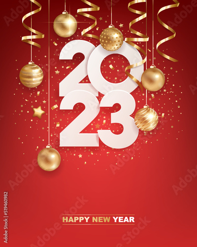 Happy new year 2023. White paper numbers with golden Christmas decoration and confetti on  red background. Holiday greeting card design.
