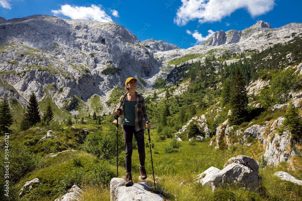 Woman Hiker Admiring Nature in Idyllic Subalpine Environment under Mount Krn - Julian Alps Slovenia
