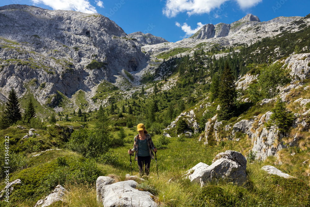 Woman Hiking in Idyllic Subalpine Environment of Julian Alps Slovenia
