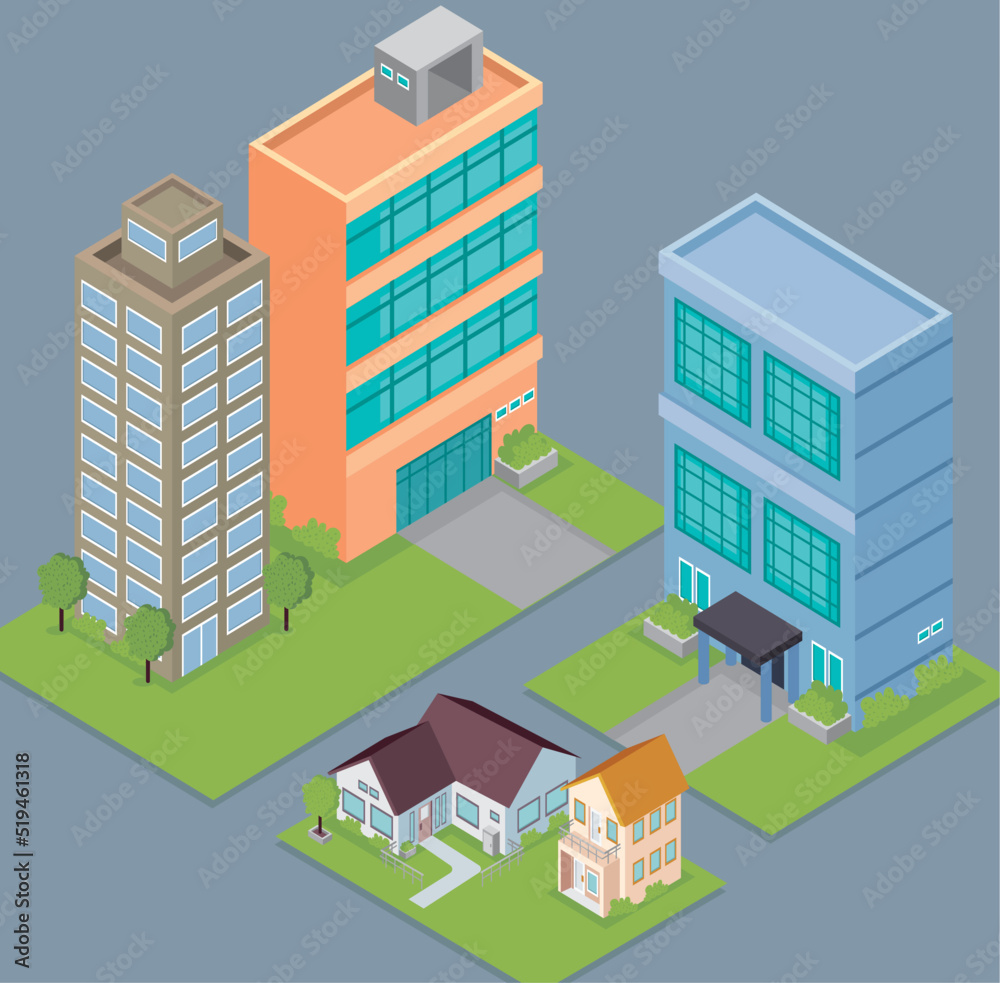 isometric buildings city scene isometric buildings city scene