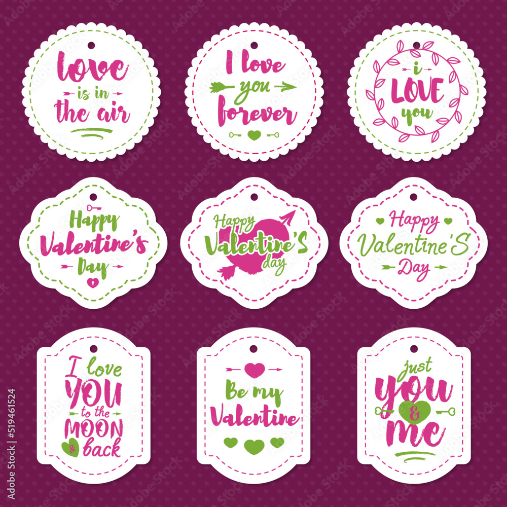 Happy Valentine's day label set with lettering typography wish isolated on heart background for use greeting card, stamps, posters and romantic quote. Vector typography element collection Happy Valentine's day label set with lettering typography wish isolated on heart background for use greeting card, stamps, posters and romantic quote. Vector typography element collection