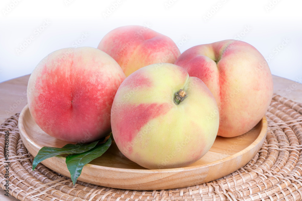 Peach fruit with leaf isolated on white background, Fresh White Peach on White Background With work path, Peach fruit with leaf isolated on white background, Fresh White Peach on White Background With work path,