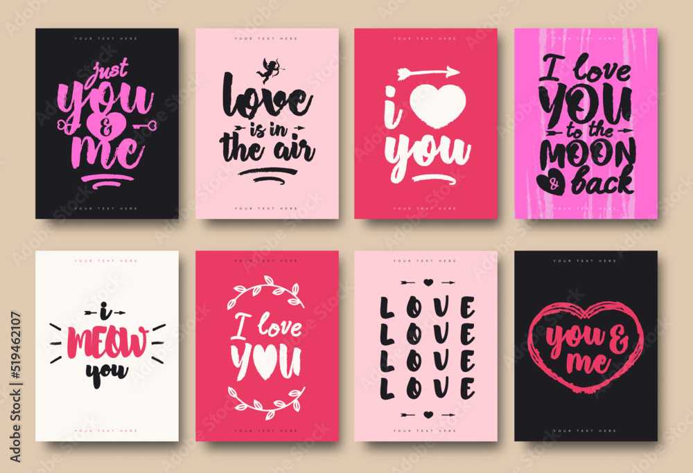 Valentines greeting card set with wishes and cupid, heart, arrow on different background for special offer, poster, banner sale, promotion, stamp, label, tag, decoration, quote. Vector Illustration