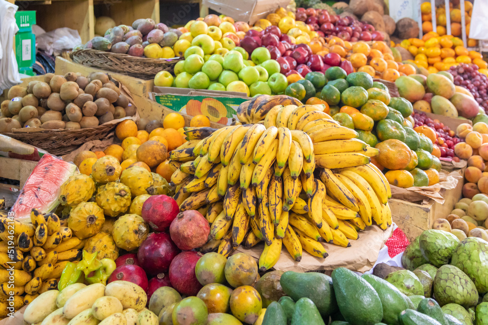Traditional food, fruits, vegetables, corncob and yucay colors