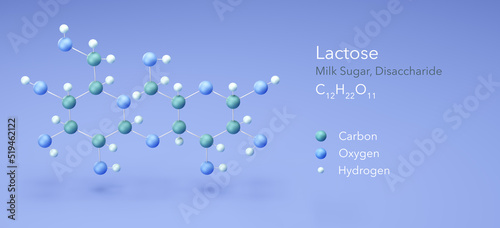 lactose, disaccharide, milk Sugar. Molecular structure 3d rendering, Structural Chemical Formula and Atoms with Color Coding, 3d rendering