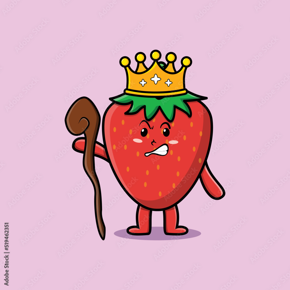 Cute cartoon strawberry mascot as wise king with golden crown and wooden stick Cute cartoon strawberry mascot as wise king with golden crown and wooden stick