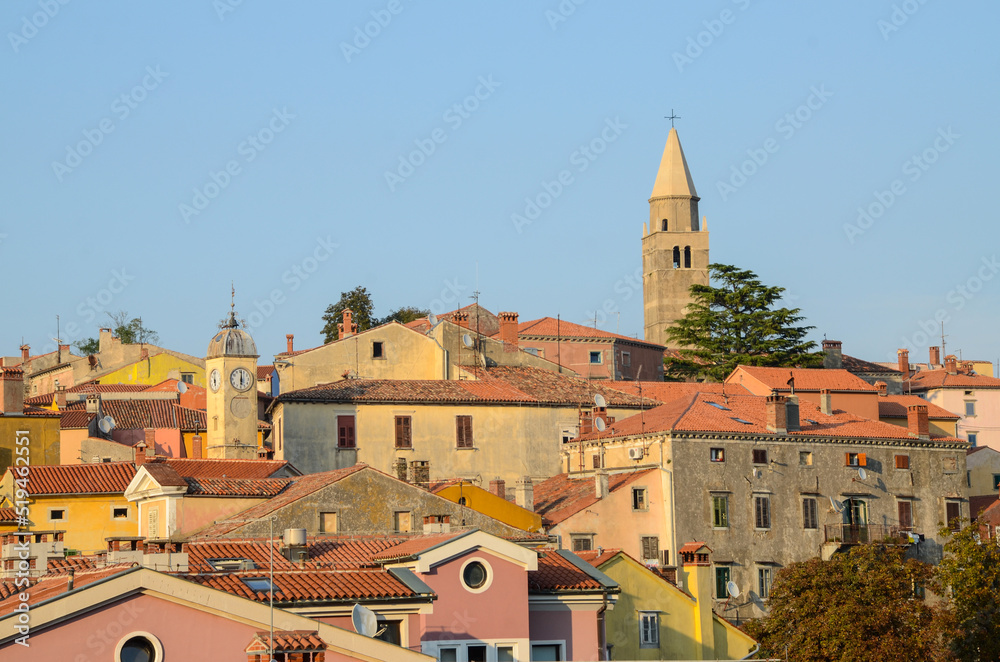 Labin, beautiful old town in county Istria, Croatia. Old houses, church tower, city walls and colorful facades on the top of the hill.