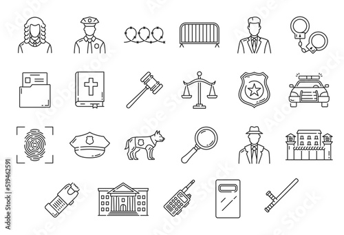 Justice, legal service, police, court, law and lawyer outline icons. Isolated vector judge, gavel and attorney, law book, lawsuit document, justice scales, jail or prison, officer, dog and handcuffs