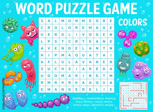 Cartoon viruses, pathogens, microbes and germs word search puzzle game worksheet, kids quiz grid. Vector crossword brainteaser for children with latin letters at square field, find english words task