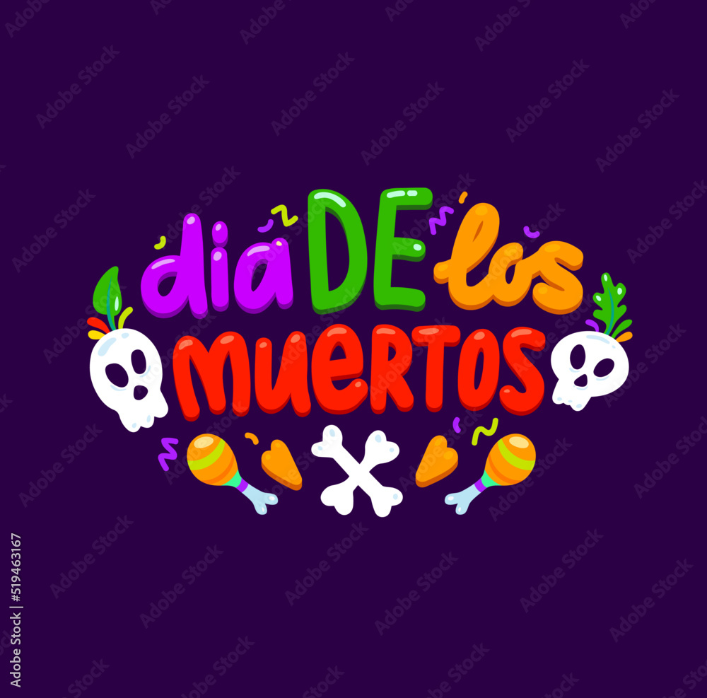 Obraz premium Dia de los muertos, Mexican holiday banner with sugar calavera skull and candles, vector lettering. Day of Dead or Dia de los muertos holiday in Mexico, cartoon skulls, bones and maracas