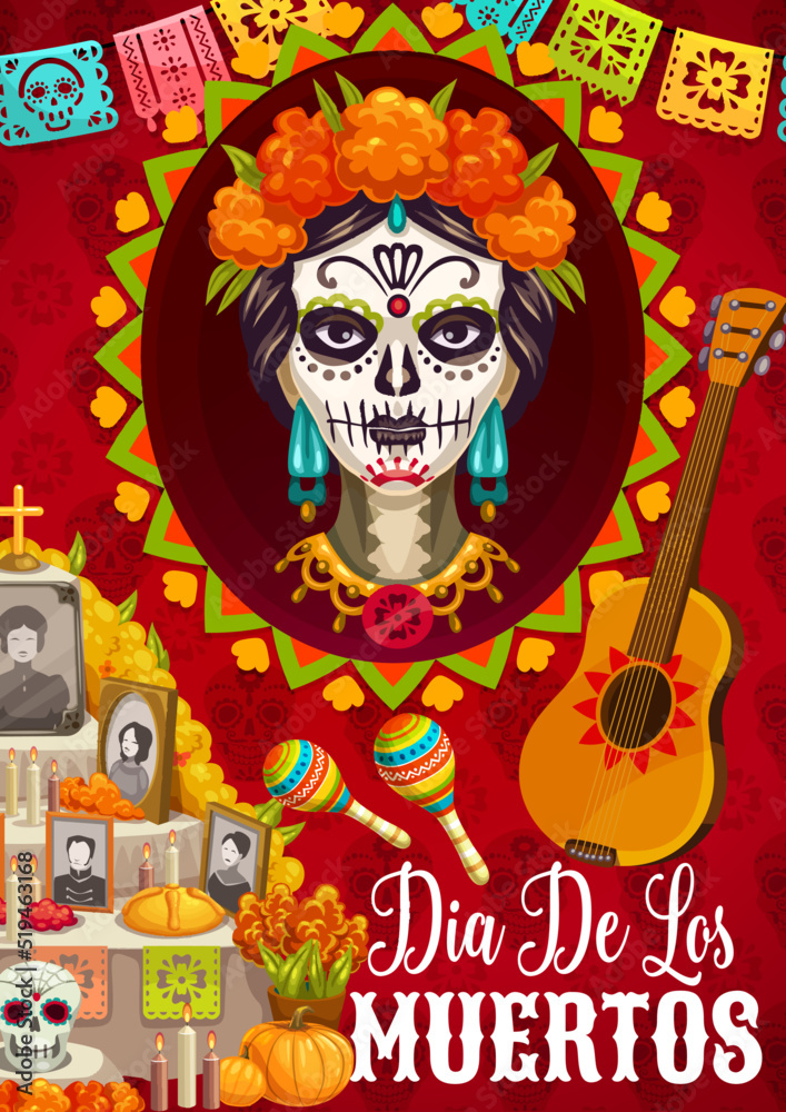 Mexican day of dead Dia de los Muertos flyer or poster. Vector holiday ...