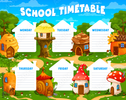 Weekly timetable schedule with cartoon fairy and elf village houses. Acorn, snail shell, beehive, mushroom and carrot. Vector school lessons planner, kids time table template with fantasy dwellings