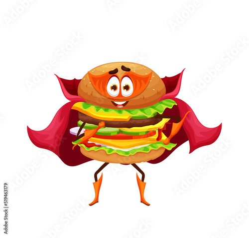 Cartoon cheeseburger superhero character. Fast food takeaway burger or sandwich with cheese, meat and lettuce funny vector personage. Isolated cheeseburger defender or hero character in cape and mask