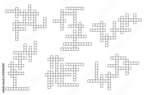 Crossword quiz, word riddle or game grids set. Vocabular quiz, intellectual playing activity or game vector grids set. Text riddle or crossword puzzle