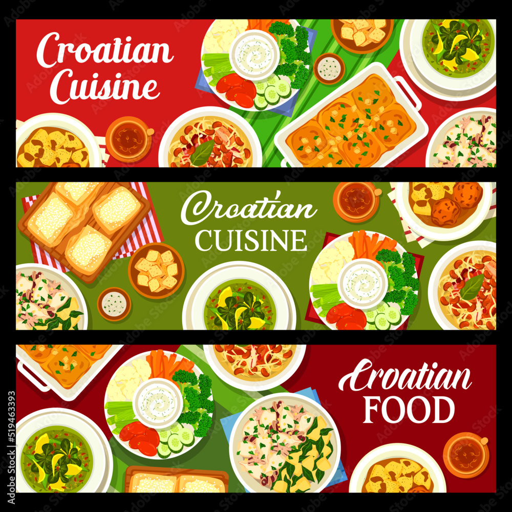 Croatian food menu, dishes, lunch and dinner meals, vector restaurant cuisine menu banners. Croatia cuisine traditional squid with potatoes, spinach soup and custard cream cake with Croatian coffee Croatian food menu, dishes, lunch and dinner meals, vector restaurant cuisine menu banners. Croatia cuisine traditional squid with potatoes, spinach soup and custard cream cake with Croatian coffee
