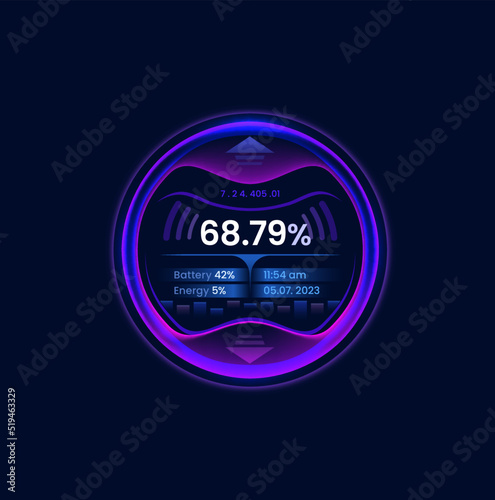 Futuristic car neon gauge dial. Vehicle led speed meter indicator. Electric automobile tachometer counter, speed meter screen or odometer vector display with battery energy charge level