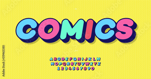 Vector aVector comics 3d bold font colorful style for event, banner, infographics, motion graphic, party poster, book, music, t shirt, flyer, decoration, printing, industrial. Cool typeface. 10 eps