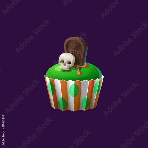 Creepy cupcake decorated by tombstone and human skull isolated cartoon Halloween party trick or treat candy. Vector muffin pastry food dessert, cake bun bakery with buttercream, creepy sweets