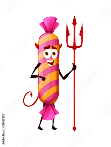 Cartoon Halloween devil candy with trident, vector imp sweets character with horns, tail and funny smiling face. Dessert for kids trick or treat party. Isolated patisserie naughty hobgoblin personage