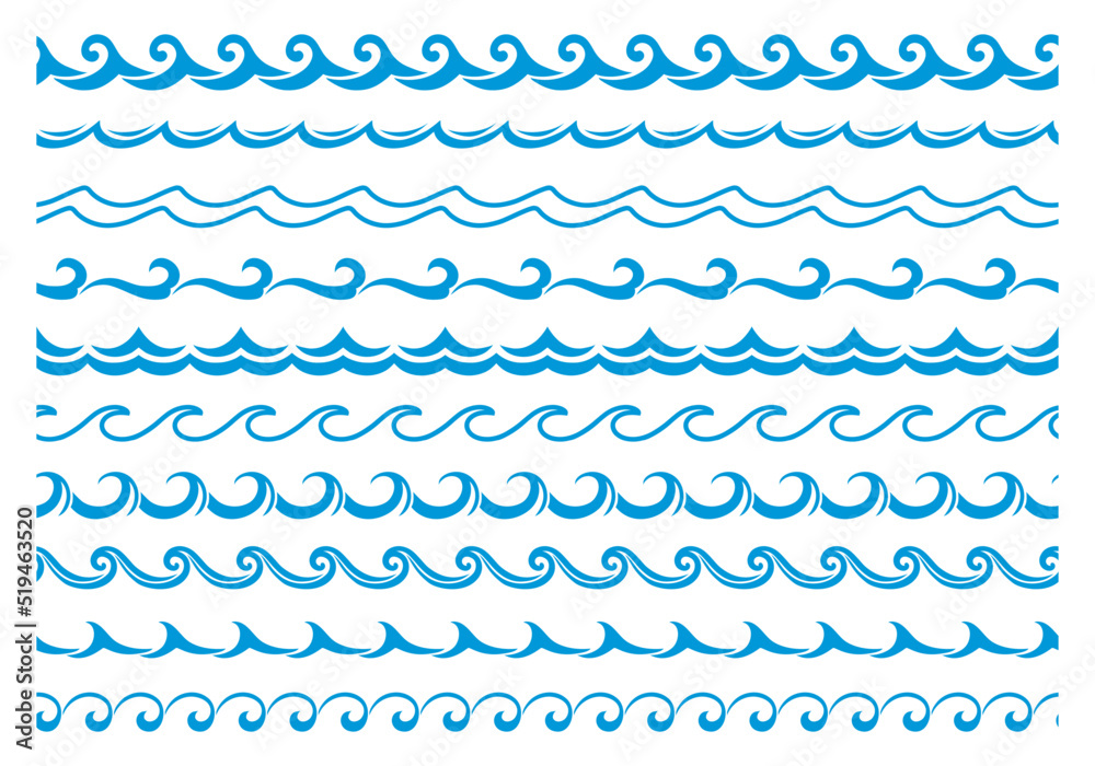 Sea and ocean blue wave line, water surf border frames, vector pattern. Abstract blue wave seamless zigzag dividers and marine boarders in geometric wavy stroke, frames and borders