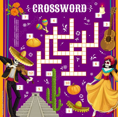 Dia de Los Muertos Day of Dead mexican holiday crossword puzzle worksheet, find a word quiz. Vector sombrero, mariachi, guitar or maracas, pyramid, marigold, bread and candle, pumpkin, cactus, violin