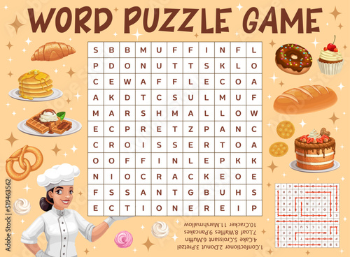 Bread, desserts and bakery word search puzzle game worksheet, kids quiz grid. Vector words task riddle with croissant, pancakes, waffles and pretzel. Donut, cupcake, loaf and crackers with cupcake