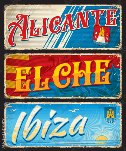 Alicante, Elche, Ibiza, Spanish city plates and travel stickers, vector luggage tags. Spain cities tin signs and travel plates with landmarks, flag emblems and municipality symbols