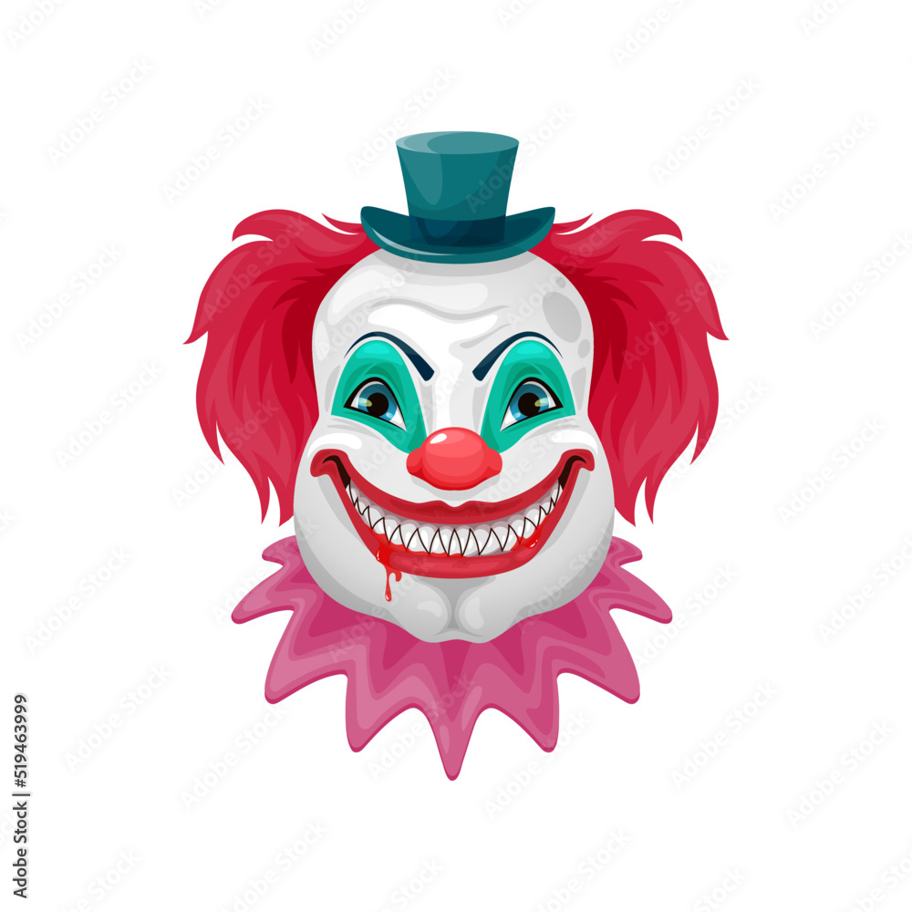 Horror clown isolated cartoon scary circus monster face. Vector Halloween  holiday character, evil clown or joker with bloody teeth and crazy smile,  red noses and pink hair wigs, small green hat Stock