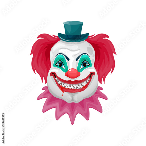 Horror clown isolated cartoon scary circus monster face. Vector Halloween holiday character, evil clown or joker with bloody teeth and crazy smile, red noses and pink hair wigs, small green hat