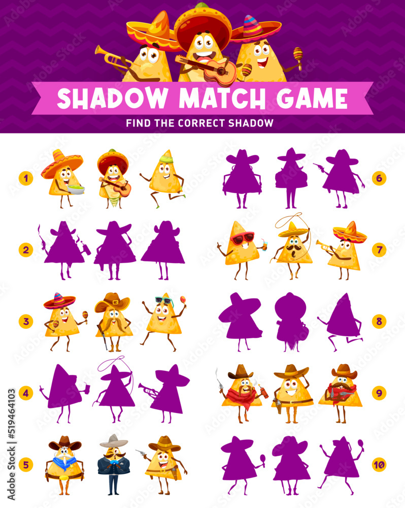 Funny mexican nachos chips characters shadow match game worksheet