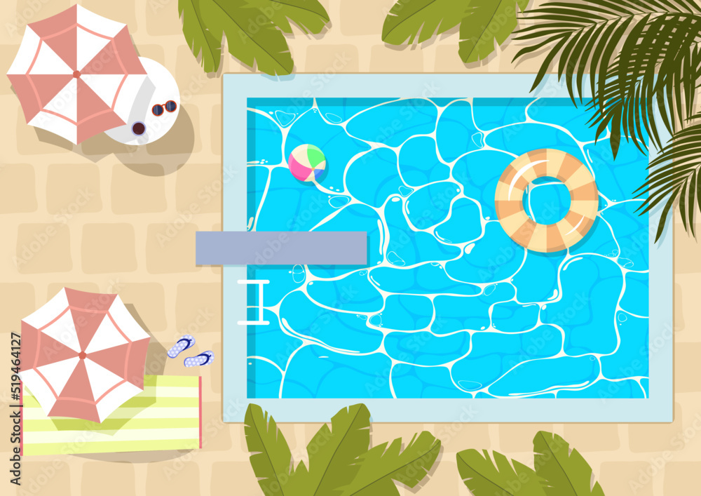 Odpoczynek nad basenem. Letnie wakacje nad wodą wśród palm. Ilustracja z basenem, leżakiem, piłką plażową i parasolkami przeciwsłonecznymi. - obrazy, fototapety, plakaty 