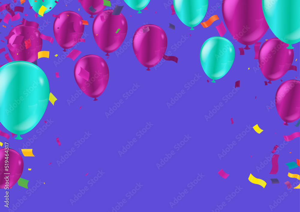 Kids party with balloons purple and green on background