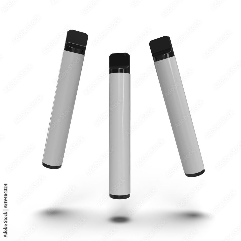 Disposable vape e-cigarette pens floating in mid air with drop shadows and isolated on a white background. 3D render illustration. Disposable vape e-cigarette pens floating in mid air with drop shadows and isolated on a white background. 3D render illustration.
