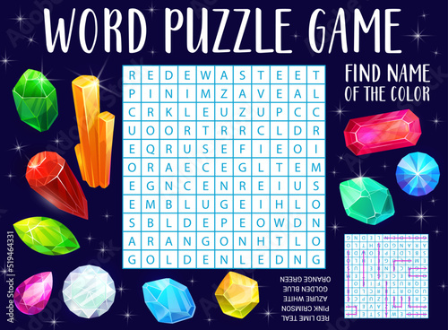 Gems, jewel and crystals word search puzzle game worksheet, kids quiz grid. Vector crossword brainteaser for children with cartoon colorful gemstones and latin letters at square field, find words task