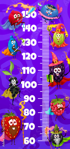Cartoon funny wizards and fairy berries characters, kids height chart ruler, vector growth meter. Baby tall size measure ruler with strawberry, blackberry with magic wand, blueberry and raspberry