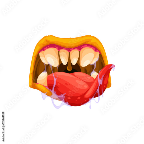 Ugly hungry ogre jaws, mouth and teeth of scary monster isolated cartoon icon. Vector smile with long tongue with saliva, scary Halloween face of monster, horror smile vampire Dracula teeth, devil