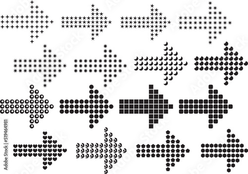 様々な形のドットで作られた矢のイラストのセット