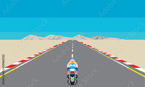 moto racing pixel arcade game. desert race track vector illustration
