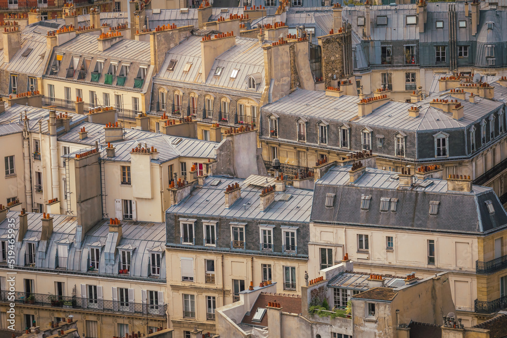 Montmartre parisian roofs details at golden sunrise Paris, France
