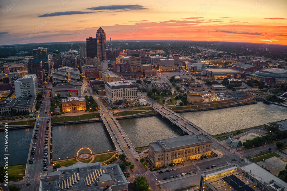 Aerial View of the Des Moine, Iowa Skyline at Sunset