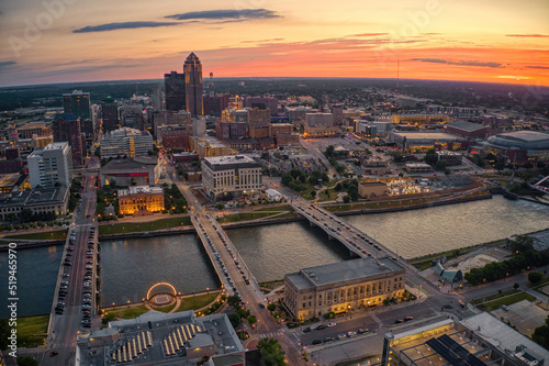 Aerial View of the Des Moine, Iowa Skyline at Sunset © Jacob