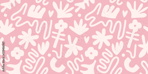 Contemporary art collage with abstract shapes and flowers. Vector seamless pattern with Scandinavian cut out elements.