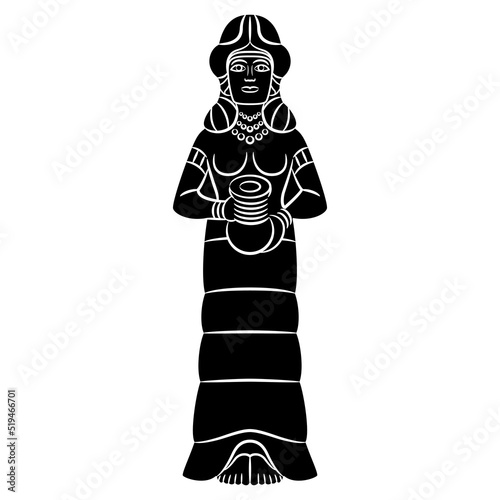 Mesopotamian goddess. Ancient Iranian sculpture of a woman holding water jar. Inanna or Ishtar. Black and white negative silhouette.