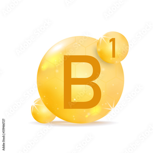 Vitamin B1 golden icon. Drop vitamin pill capsule.